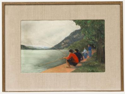 Diana Routh - Framed Contemporary Pastel, Fishing at Nantua