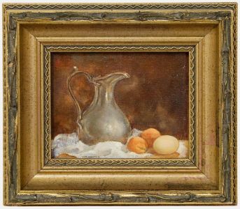 June Chapman - 20th Century Oil, Still Life with Pewter Jug and Apricots