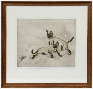 George Vernon Stokes (1873-1954) - Etching, Siamese Cats and a Grasshopper