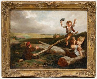 Framed 19th Century Oil - Children Playing on a See-Saw
