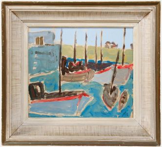 Framed Mid 20th Century Oil - Boats by The Harbour Wall