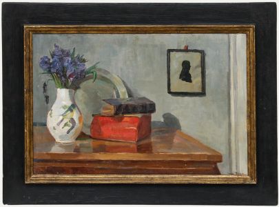 Leonie Böhm - Framed Early 20th Century Oil, Irises on the Sideboard