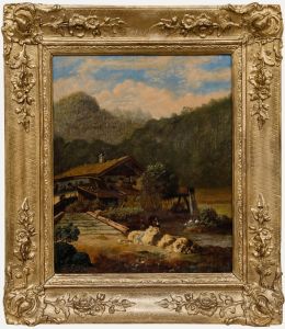 Framed 19th Century Oil - Fishing by the Lodge