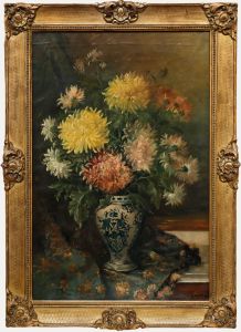 Jules Félix Ragot (1835-1912)- Framed Oil, Chrysanthemums in a Blue & White Vase
