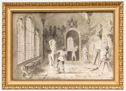 Edward Allen Schmidt (1825-1893) - Charcoal Drawing, Sculptor in His Studio