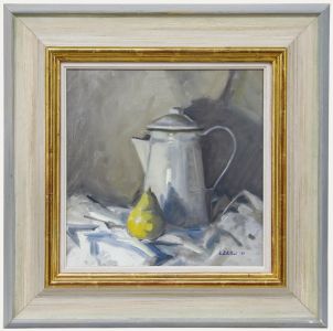 Cat Sutherland - Framed Contemporary Oil, Still Life of an Enamel Jug & Pear