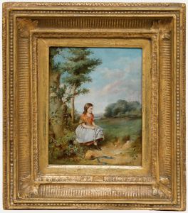 Framed Late 19th Century Oil - Making Flower Garlands in the Meadow