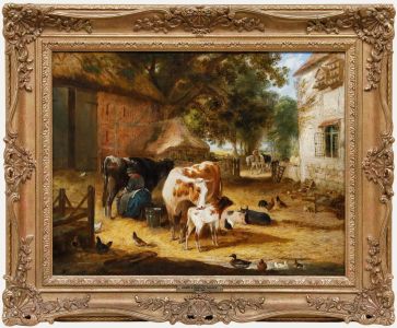 Henry & Charles Shayer - Framed 19th Century Oil, Milking in a Farmyard