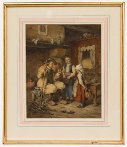 Emmanuel Adolphe Midy (1797-1874) - Framed Watercolour, A Breton Family Cottage