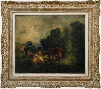 Justin Gabriel (1838-1923) - Late 19th Century Oil, Cattle Grazing by a River