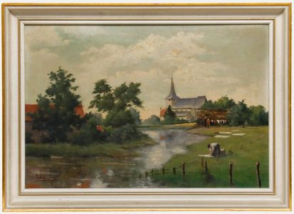 Edouard Van Den Peereboom - Late 19th Century Oil, Washing Clothes by the River