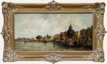 L. Schmitt - Framed 1866 Oil, View of a Dutch Harbour