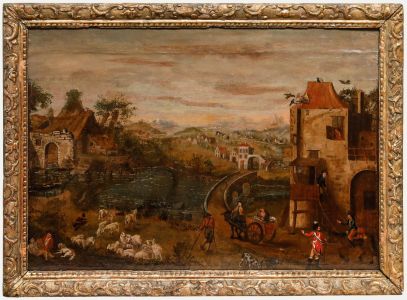 Framed 18th Century Oil - Village Life