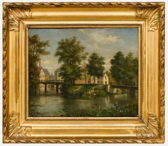 French School 19th Century Oil - On the Riverbanks