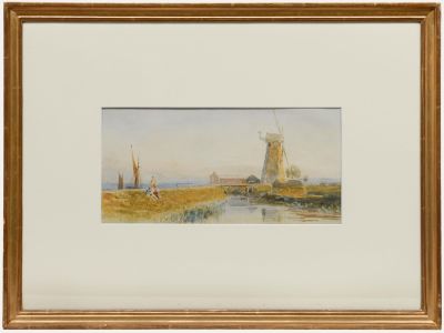 Henry George Hine - Late 19th Century Watercolour, Windmill Overlooking a Canal
