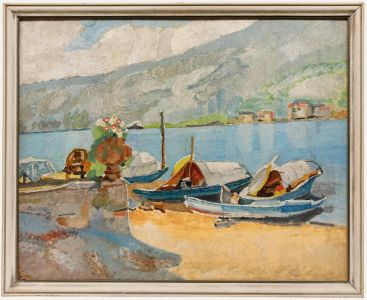 Framed 20th Century Oil - A Sunny Mooring