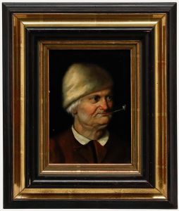 German School 19th Century Oil - Portrait of a Man Smoking a Pipe