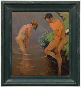 Hans Zank & Willi Gericke - Early 20th Century Oil, Bathers at the Bank Edge