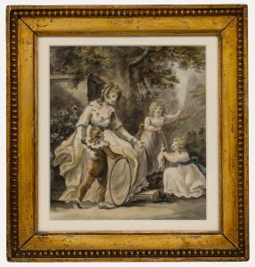 Framed 18th Century Watercolour - Children at Play