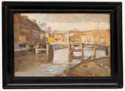 Framed Early 20th Century Oil - Yellow Cart on the Crossing