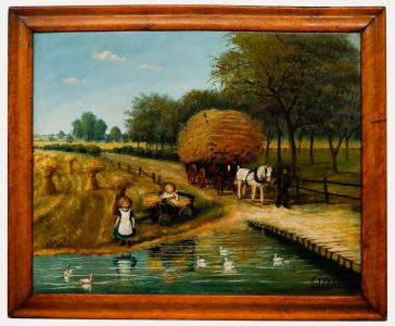 J. Farris - Naive 1891 Oil, Children Helping with the Harvest