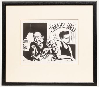 Framed 20th Century Woodcut - Mindy at the Loan Shark's