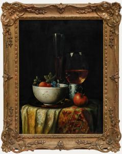 Framed 20th Century Oil - Still Life with Fruit, Pottery & Glassware