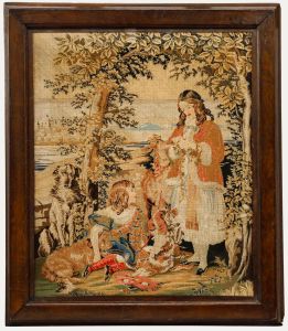 Victorian 19th Century Petit Point - Two Girls and Their Dogs