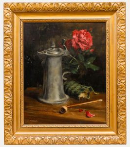 P. Monnet - Mid 20th Century Oil, Still Life with Rose, Jug, and Pipe