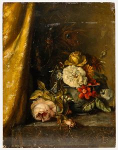 Dutch School 19th Century Oil - Still Life with Peacock Feathers