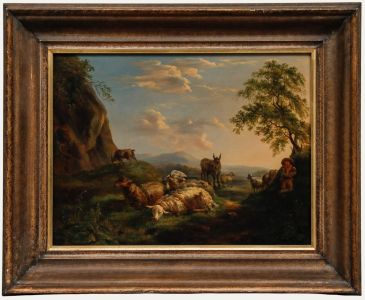 European Framed Late 19th Century Oil - Livestock in Evening Light