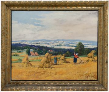 Framed Mid 20th Century Oil - Working in the Fields