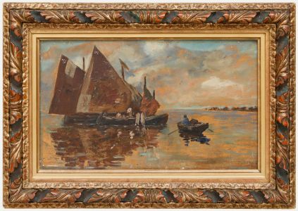 Ernst Strassner - 20th Century Oil, Fishing Boats at Dusk