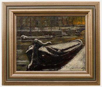 Achiel Lombaert (1911-1990) - Framed Oil, Boats at the Quay in Ghent