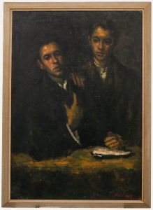 Alexandre Flaschner - Framed 1924 Oil, Two Brothers