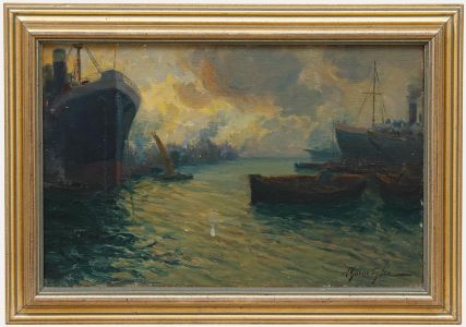 Ercole Garavaglia - Italian School Early 20th Century Oil, Genoa Harbour Scene