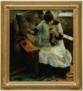 Framed Early 20th Century Oil - Darning Socks