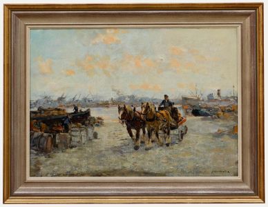 J. M. W. Kessler (1903–1952) - Oil, Cart and Horses by a Harbour