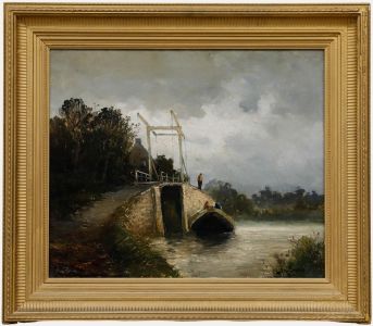 Jan Hillebrand Wijsmuller - Early 20th Century Oil, Barge by a Drawbridge