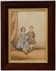 Provincial School Framed Mid 19th Century Watercolour - Portrait of Siblings