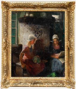 Framed Late 19th Century Oil - Two Dutchwomen in a Kitchen Interior
