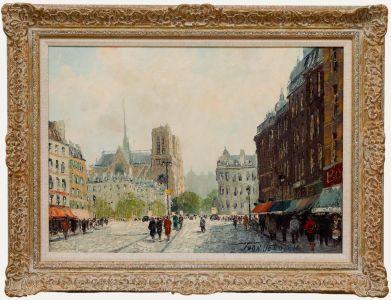 Mid 20th Century Oil - Notre Dame From the Street