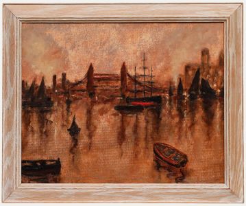 Framed 20th Century Oil - Sundown near Tower Bridge