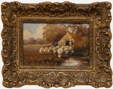 Framed Early 20th Century Oil - Moving the Flock