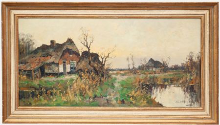 Johannes Cornelis van der Heijden - Framed Mid 20th Century Oil, Dutch Farmhouse