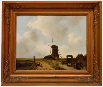 Late 19th Century Oil - Windmill by the Canal