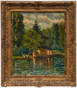 Framed Early 20th Century Oil - Figures by the Boathouse