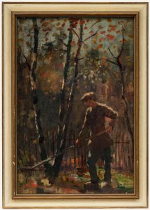 Framed Mid 20th Century Oil - Clearing the Autumn Leaves