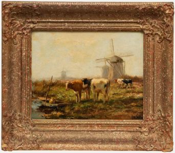 Henk Welthers - Framed Early 20th Century Oil, Grazing near Windmills