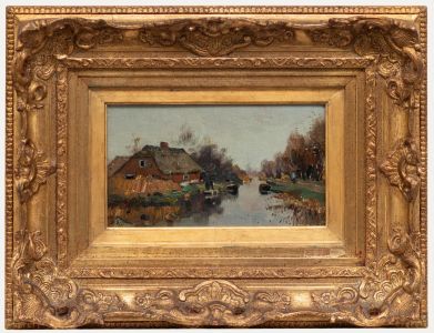 Framed Mid 20th Century Oil - Farmhouse by a Canal